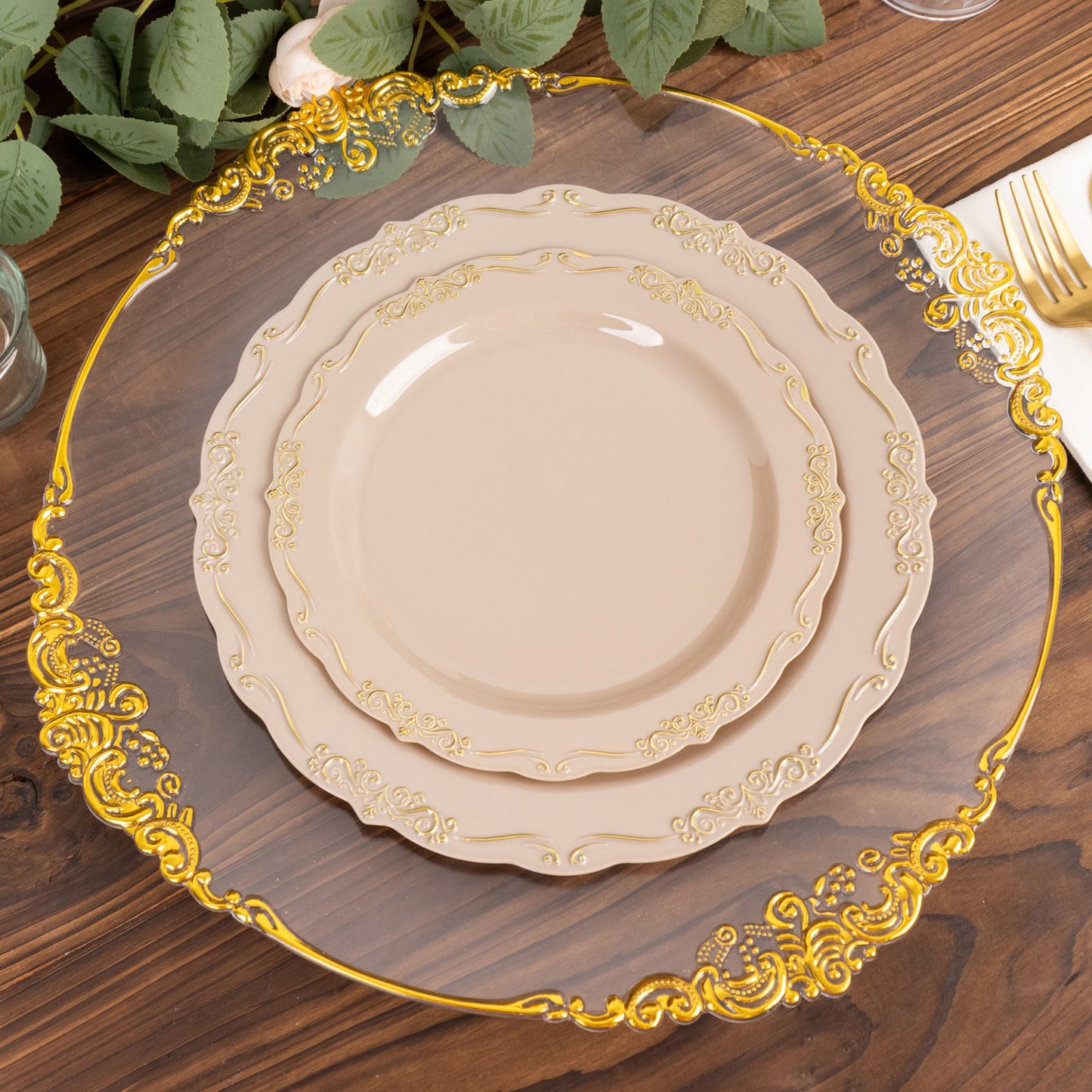 10 Pack | 7" Taupe With Gold Vintage Rim Disposable Salad Plates With Embossed Scalloped Edges, Hard Plastic Dessert Plates
