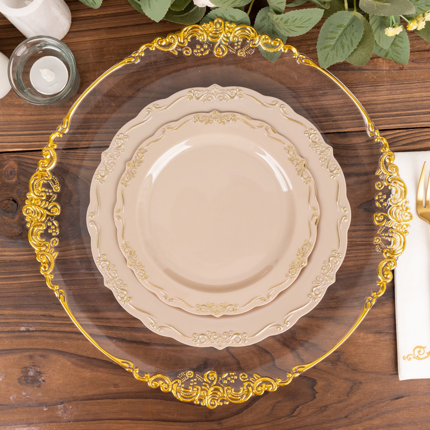 10 Pack | 7" Taupe With Gold Vintage Rim Disposable Salad Plates With Embossed Scalloped Edges, Hard Plastic Dessert Plates