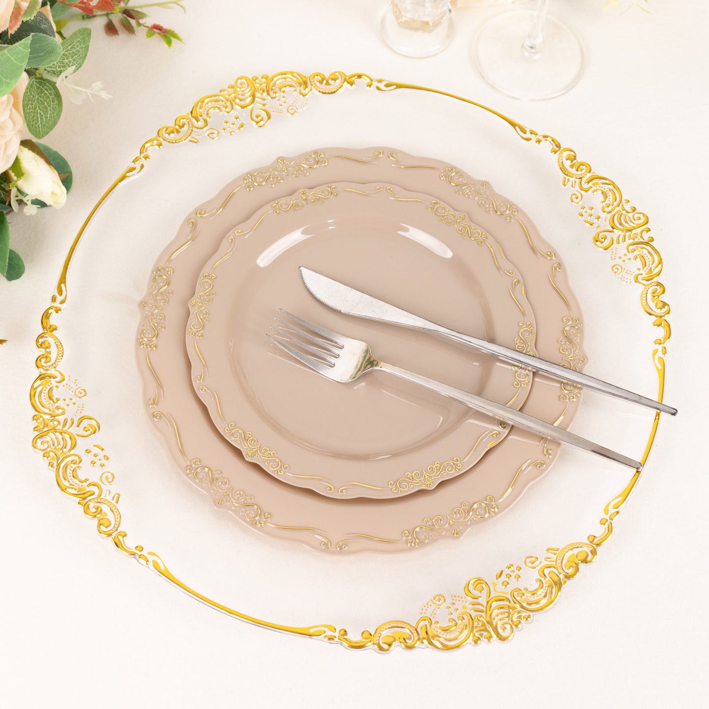 10 Pack | 7" Taupe With Gold Vintage Rim Disposable Salad Plates With Embossed Scalloped Edges, Hard Plastic Dessert Plates