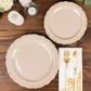 10 Pack | 7" Taupe With Gold Vintage Rim Disposable Salad Plates With Embossed Scalloped Edges, Hard Plastic Dessert Plates