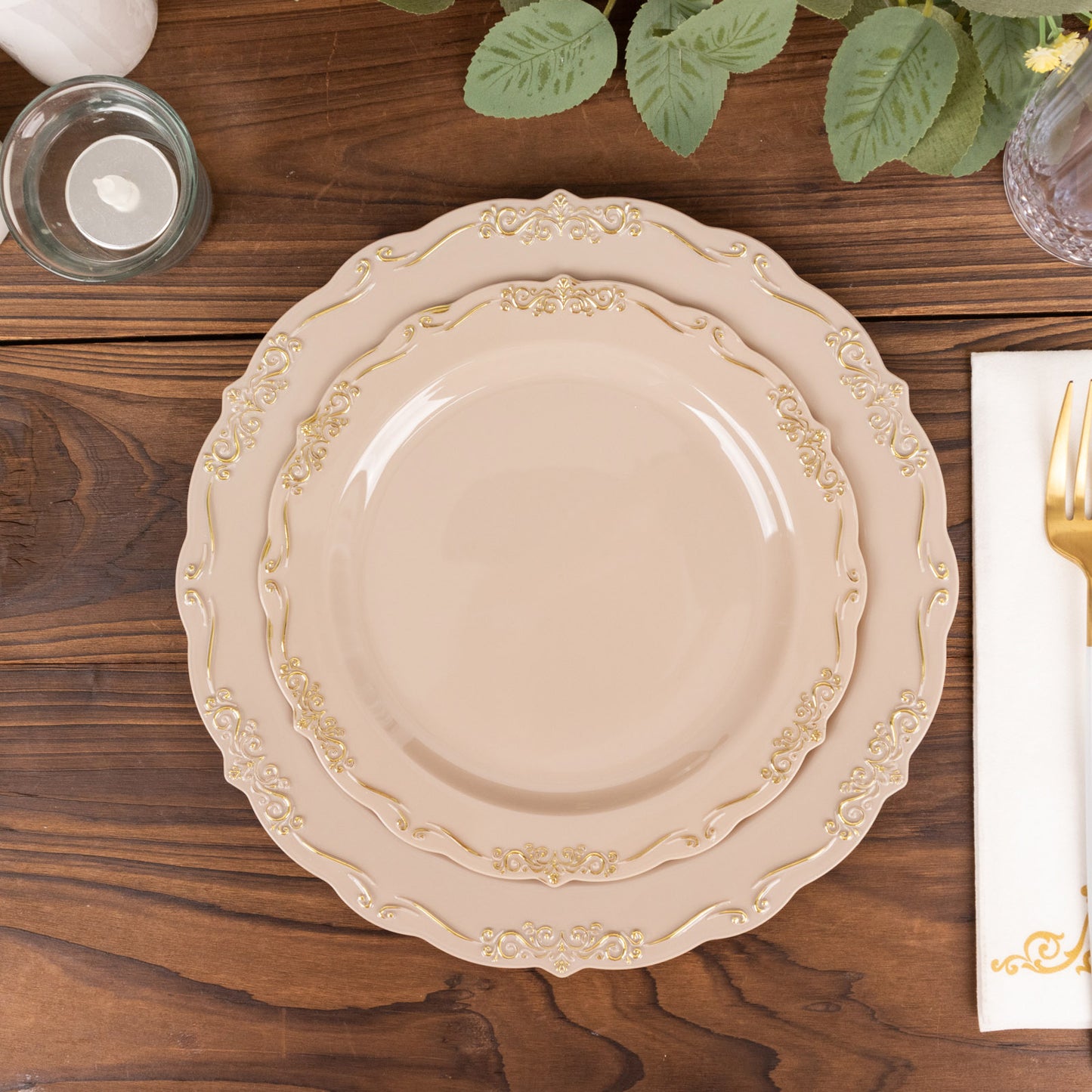 10 Pack | 7" Taupe With Gold Vintage Rim Disposable Salad Plates With Embossed Scalloped Edges, Hard Plastic Dessert Plates