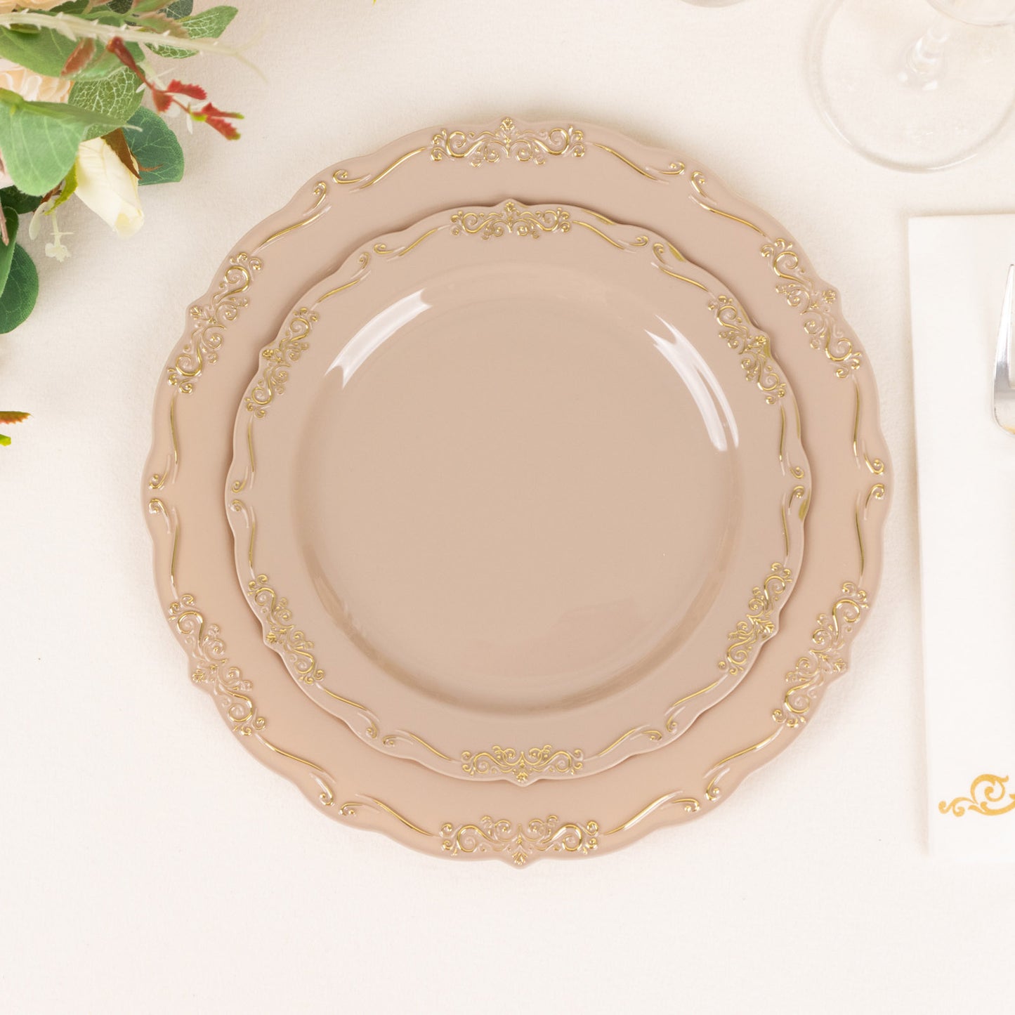 10 Pack | 7" Taupe With Gold Vintage Rim Disposable Salad Plates With Embossed Scalloped Edges, Hard Plastic Dessert Plates
