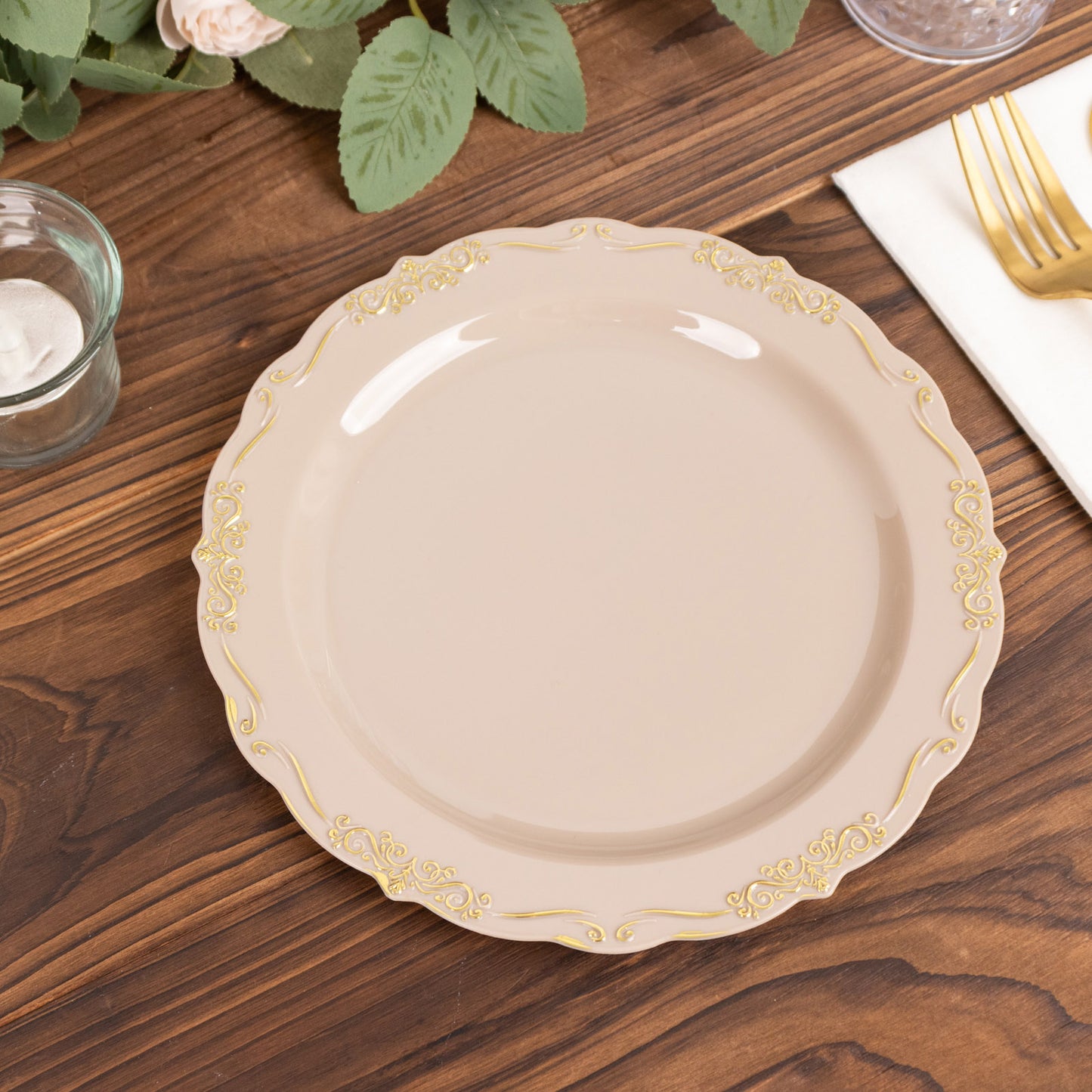 10 Pack | 7" Taupe With Gold Vintage Rim Disposable Salad Plates With Embossed Scalloped Edges, Hard Plastic Dessert Plates