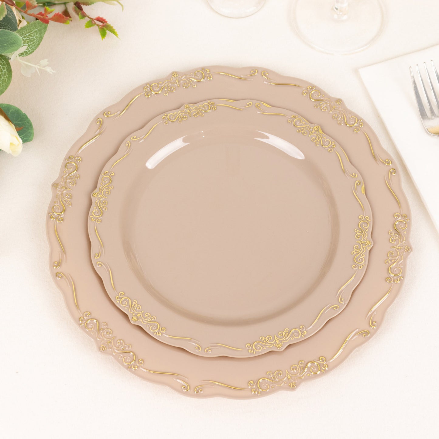 10 Pack | 7" Taupe With Gold Vintage Rim Disposable Salad Plates With Embossed Scalloped Edges, Hard Plastic Dessert Plates