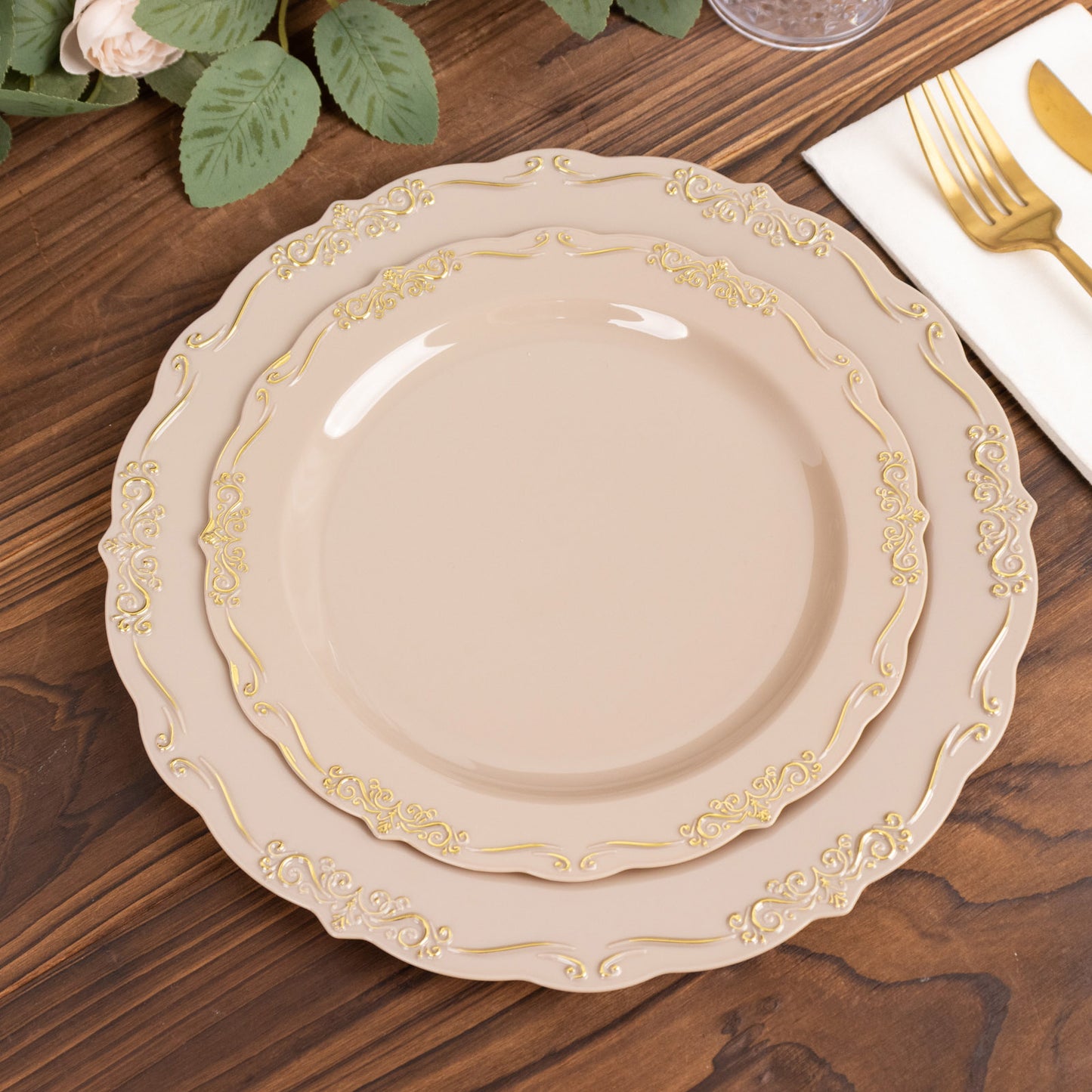 10 Pack | 7" Taupe With Gold Vintage Rim Disposable Salad Plates With Embossed Scalloped Edges, Hard Plastic Dessert Plates