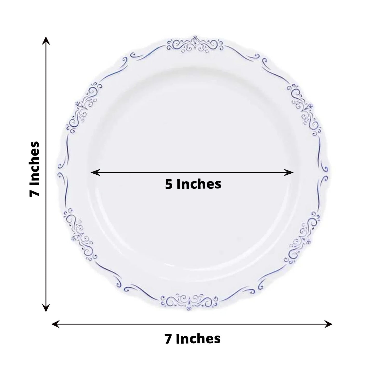 10 Pack White Blue Vintage Rim Disposable Salad Plates Embossed Scalloped Edges, 7" Round Hard Plastic Appetizer Dessert Plates
