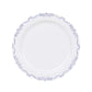 10 Pack White Blue Vintage Rim Disposable Salad Plates Embossed Scalloped Edges, 7" Round Hard Plastic Appetizer Dessert Plates