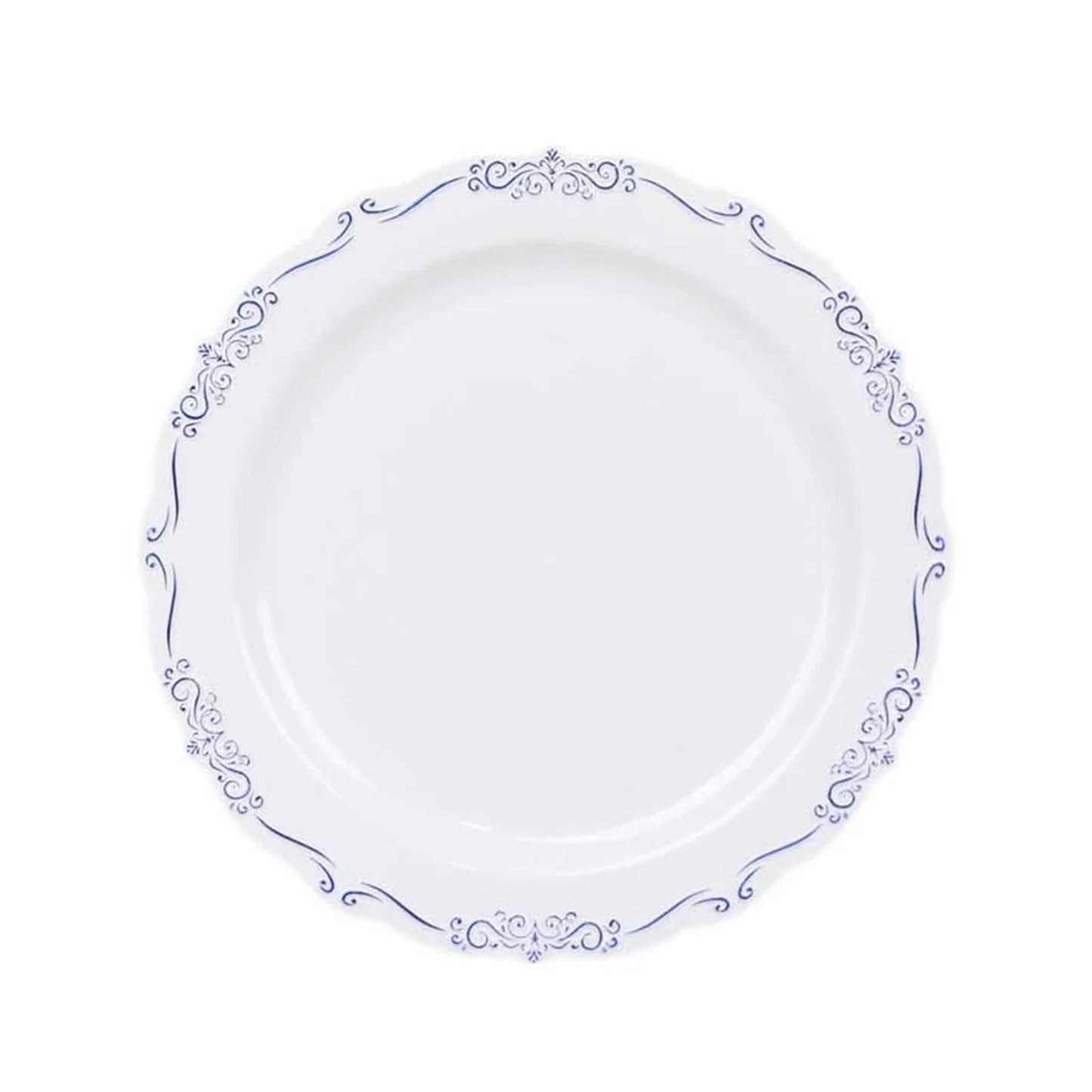 10 Pack White Blue Vintage Rim Disposable Salad Plates Embossed Scalloped Edges, 7" Round Hard Plastic Appetizer Dessert Plates