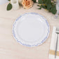 10 Pack White Blue Vintage Rim Disposable Salad Plates Embossed Scalloped Edges, 7" Round Hard Plastic Appetizer Dessert Plates