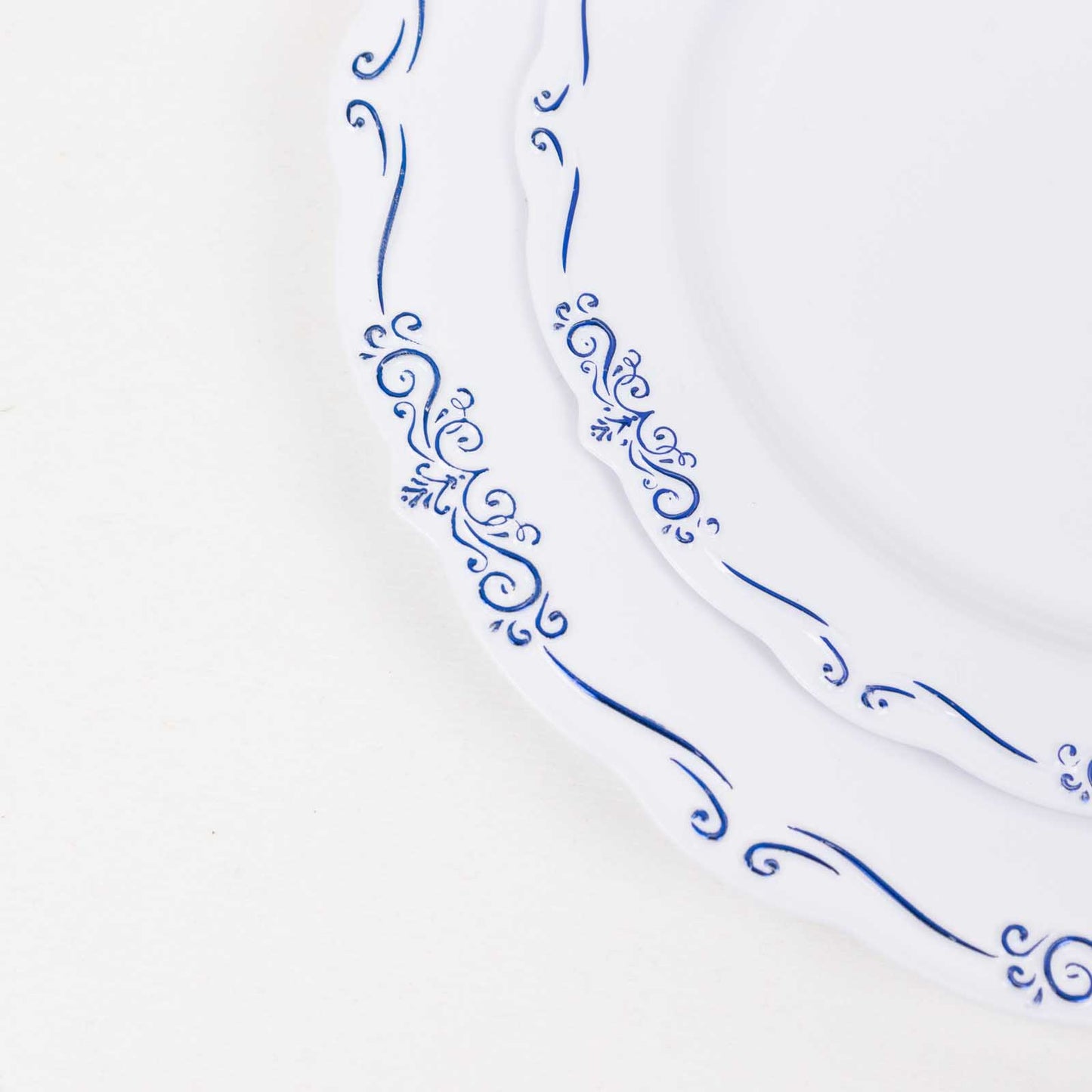 10 Pack White Blue Vintage Rim Disposable Salad Plates Embossed Scalloped Edges, 7" Round Hard Plastic Appetizer Dessert Plates