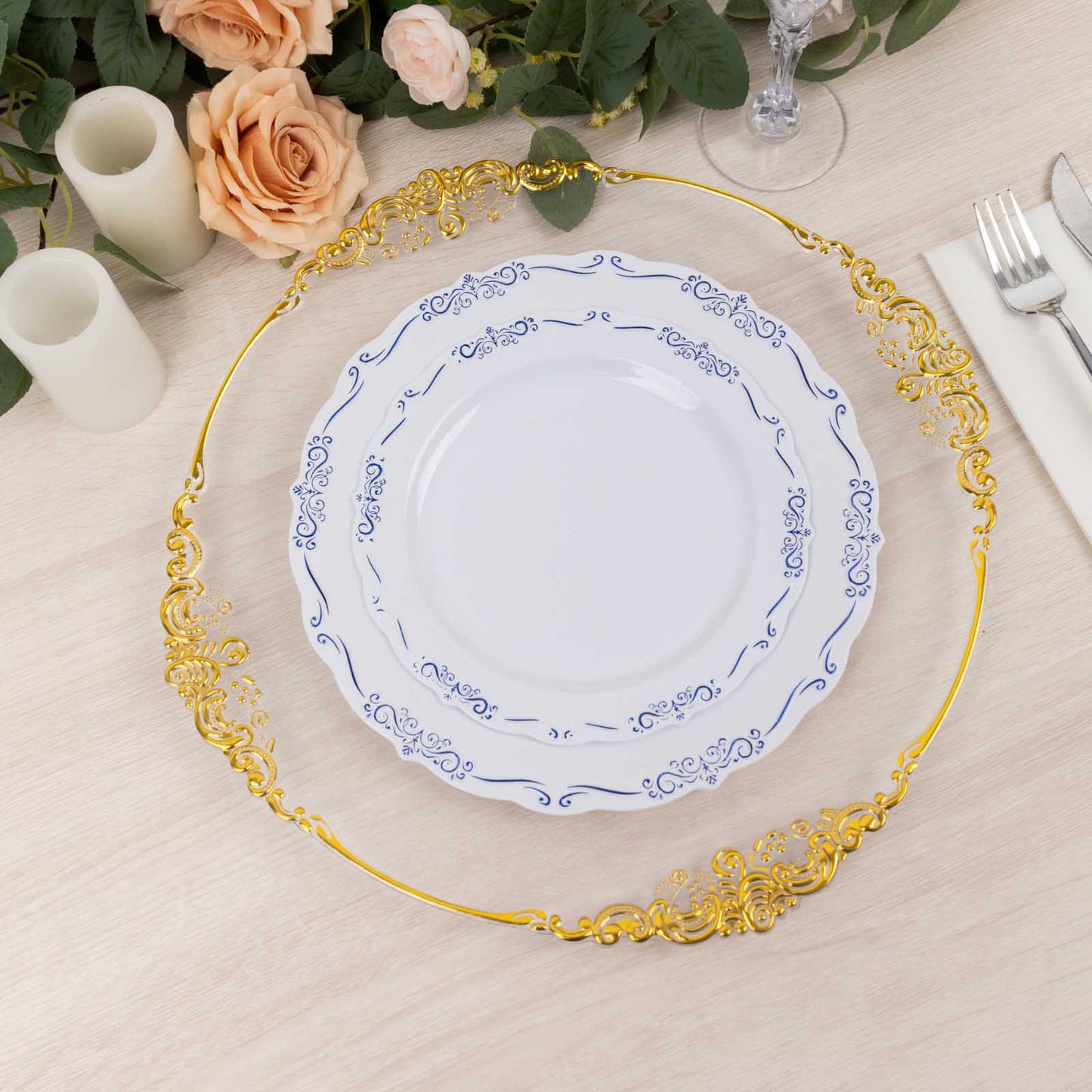 10 Pack White Blue Vintage Rim Disposable Salad Plates Embossed Scalloped Edges, 7" Round Hard Plastic Appetizer Dessert Plates