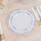 10 Pack White Blue Vintage Rim Disposable Salad Plates Embossed Scalloped Edges, 7" Round Hard Plastic Appetizer Dessert Plates