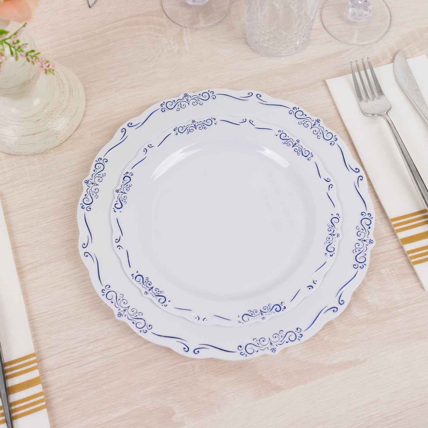 10 Pack White Blue Vintage Rim Disposable Salad Plates Embossed Scalloped Edges, 7" Round Hard Plastic Appetizer Dessert Plates