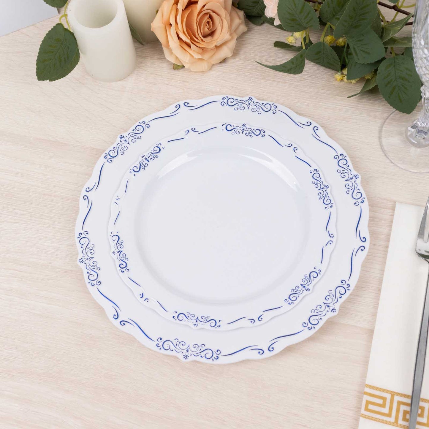 10 Pack White Blue Vintage Rim Disposable Salad Plates Embossed Scalloped Edges, 7" Round Hard Plastic Appetizer Dessert Plates
