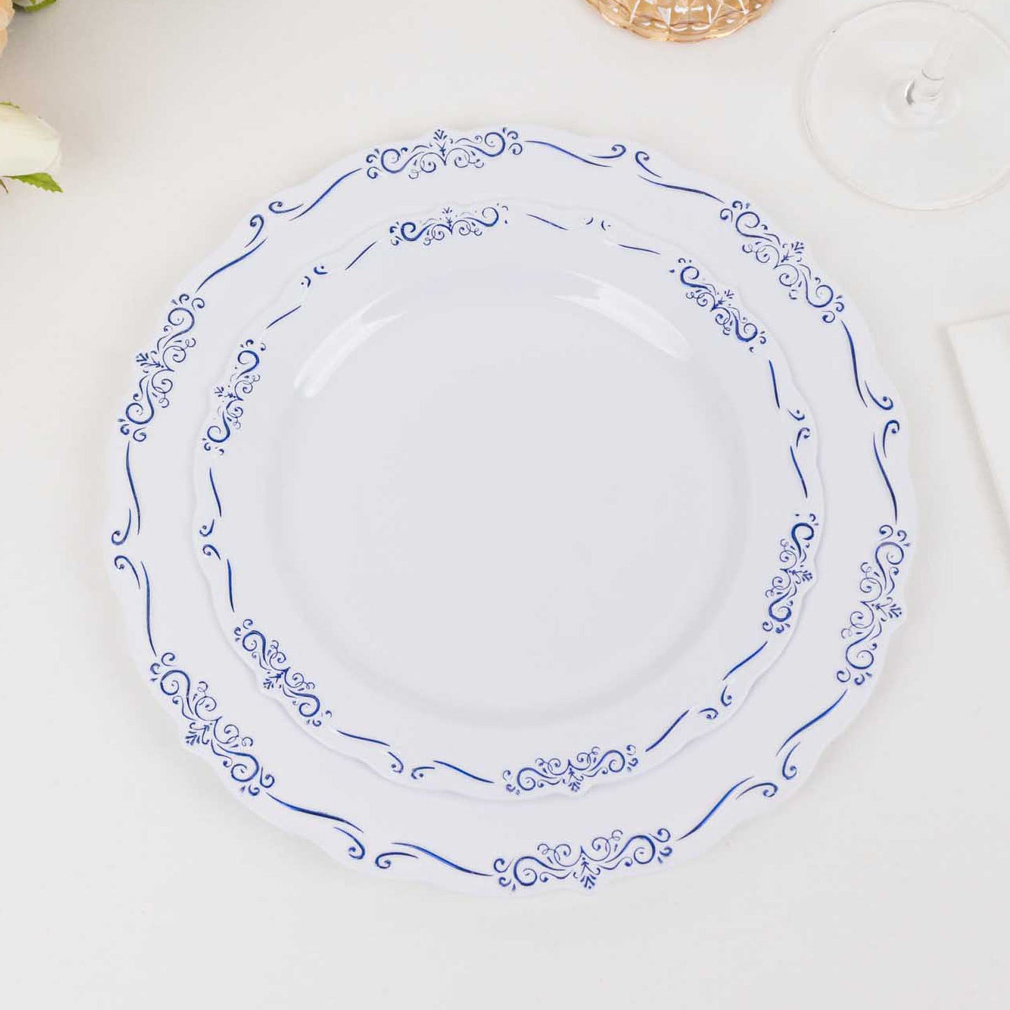 10 Pack White Blue Vintage Rim Disposable Salad Plates Embossed Scalloped Edges, 7" Round Hard Plastic Appetizer Dessert Plates