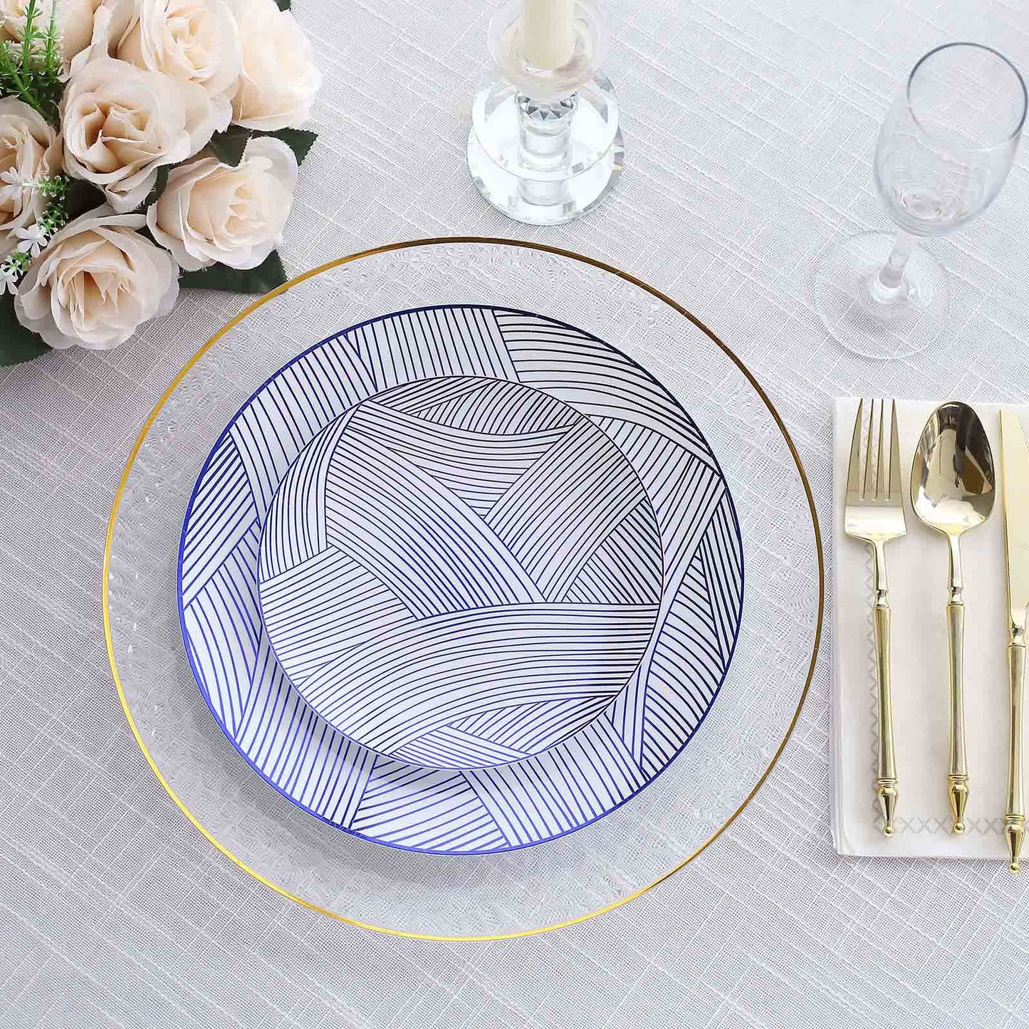 10 Pack White Blue Wave Brush Stroked Disposable Salad Plates, Round Plastic Appetizer Dessert Plates - 7"