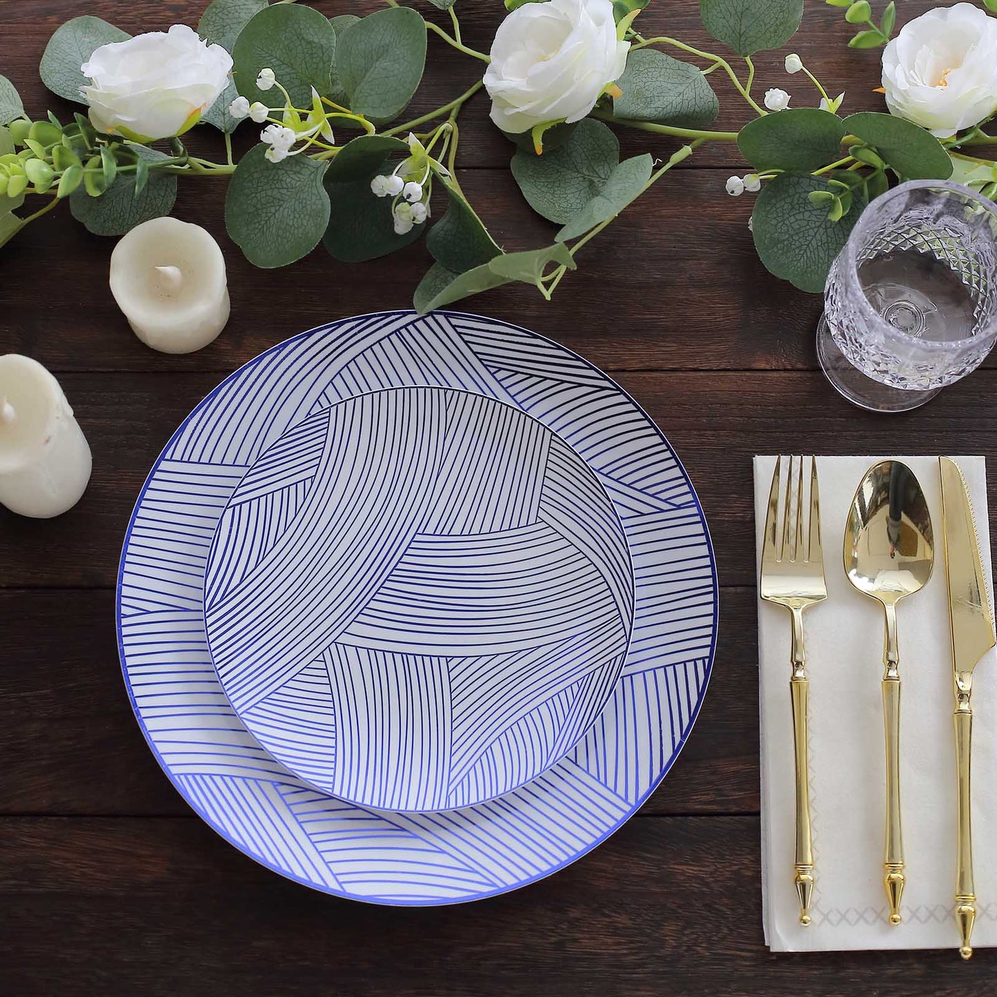 10 Pack White Blue Wave Brush Stroked Disposable Salad Plates, Round Plastic Appetizer Dessert Plates - 7"