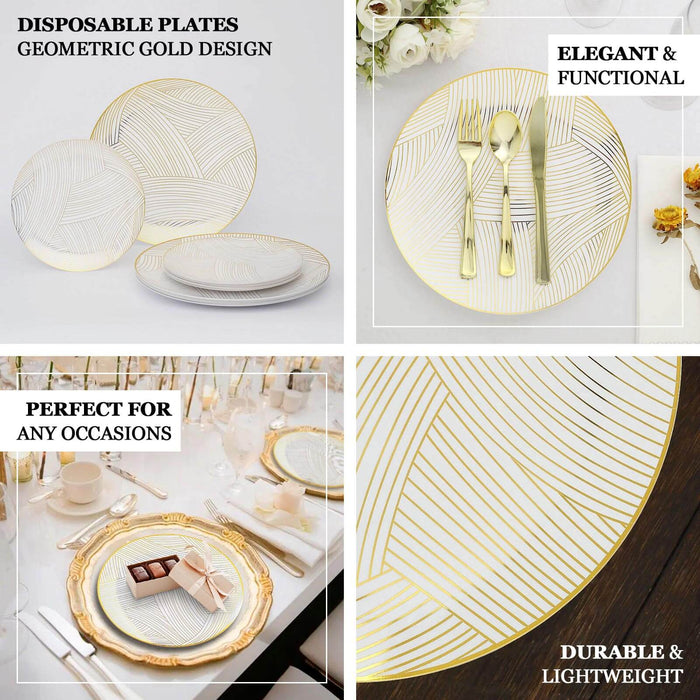 10 Pack | 7" White / Gold Wave Brush Stroked Disposable Salad Plates, Plastic Appetizer Dessert Party Plates