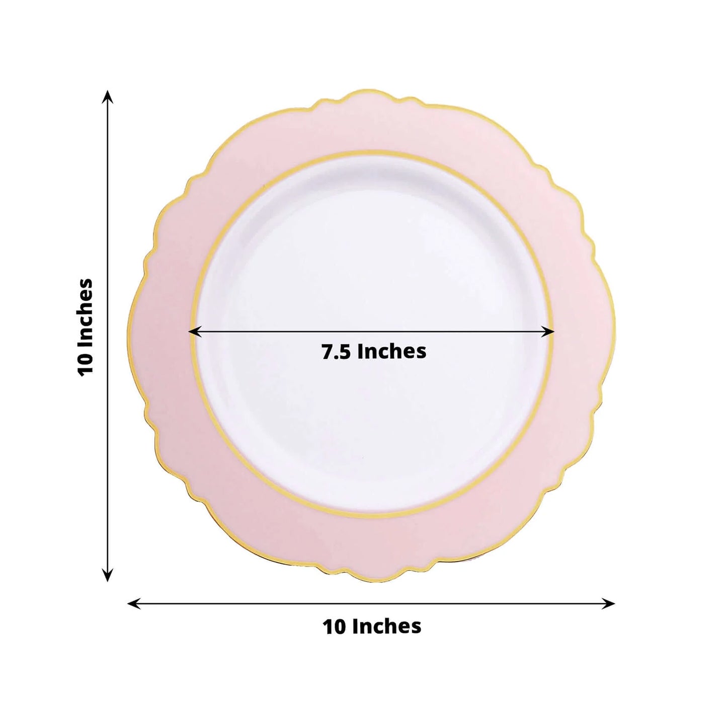Blush white disposable dinner plate with gold rim and round blossom design.