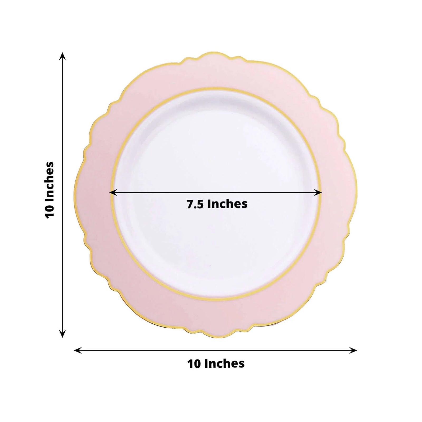 Blush white disposable dinner plate with gold rim and round blossom design.
