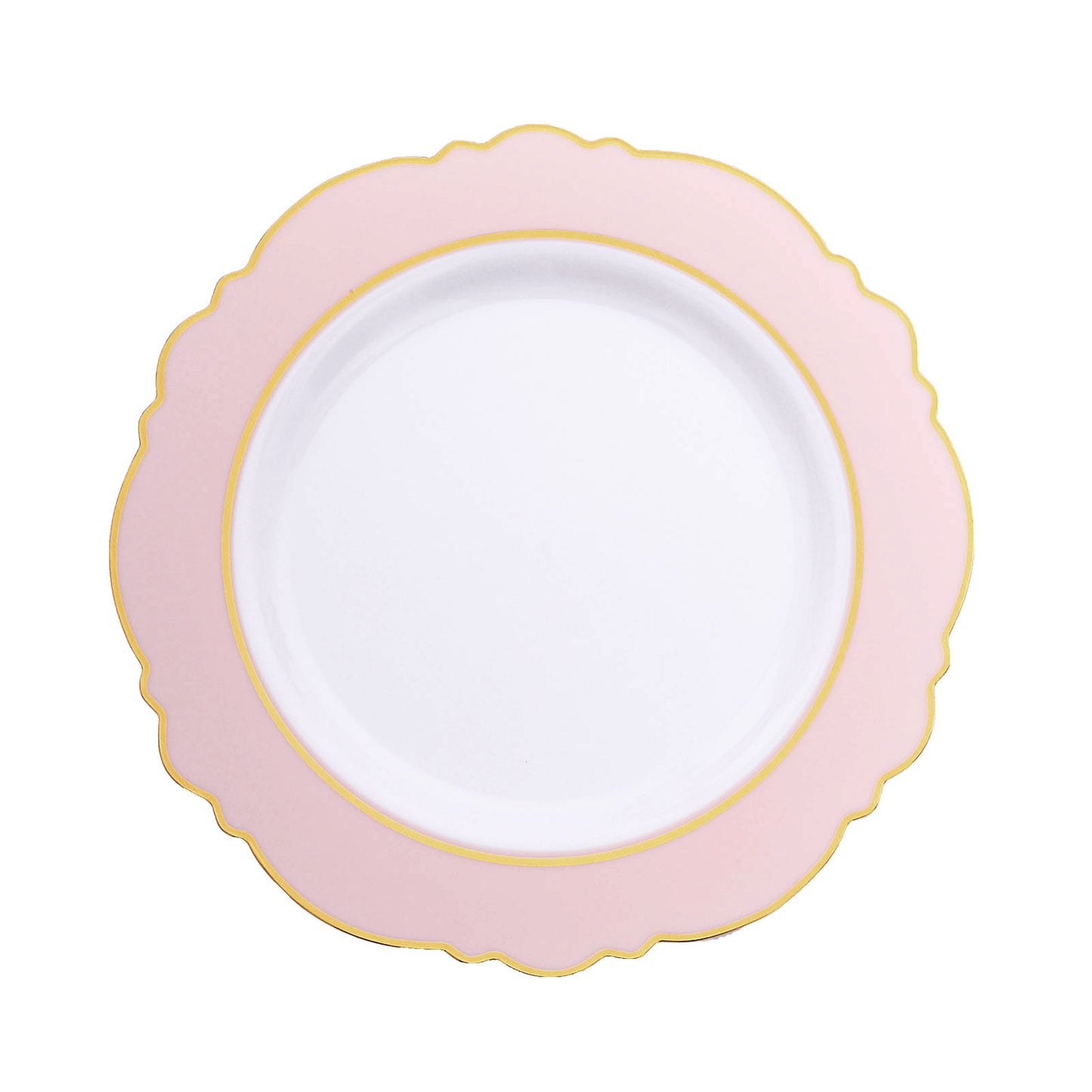 Blush pink disposable dinner plate with gold rim and round blossom design.