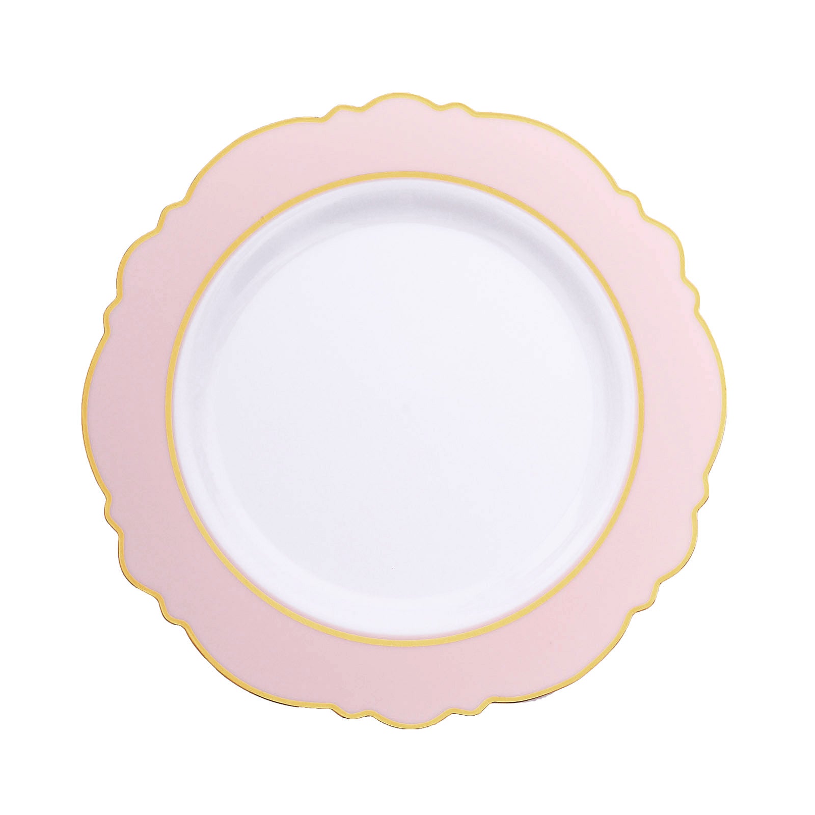 Blush pink disposable dinner plate with gold rim and round blossom design.