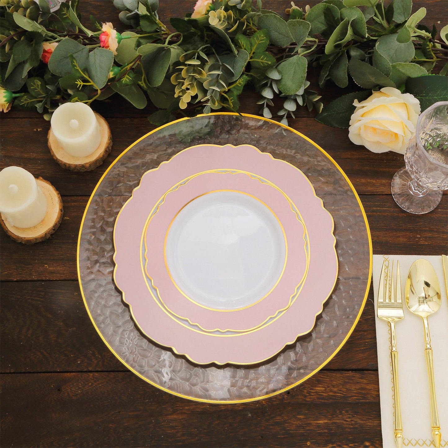 Blush white disposable dinner plate with gold rim and round blossom design.