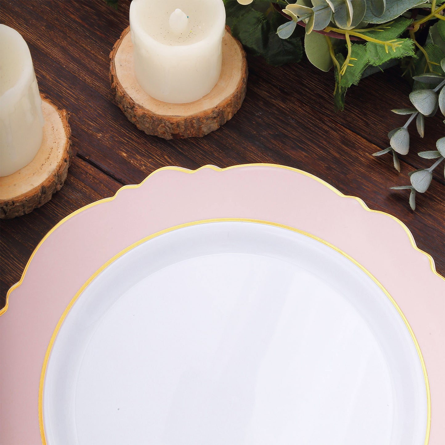 Blush white disposable dinner plate with gold rim and round blossom design.