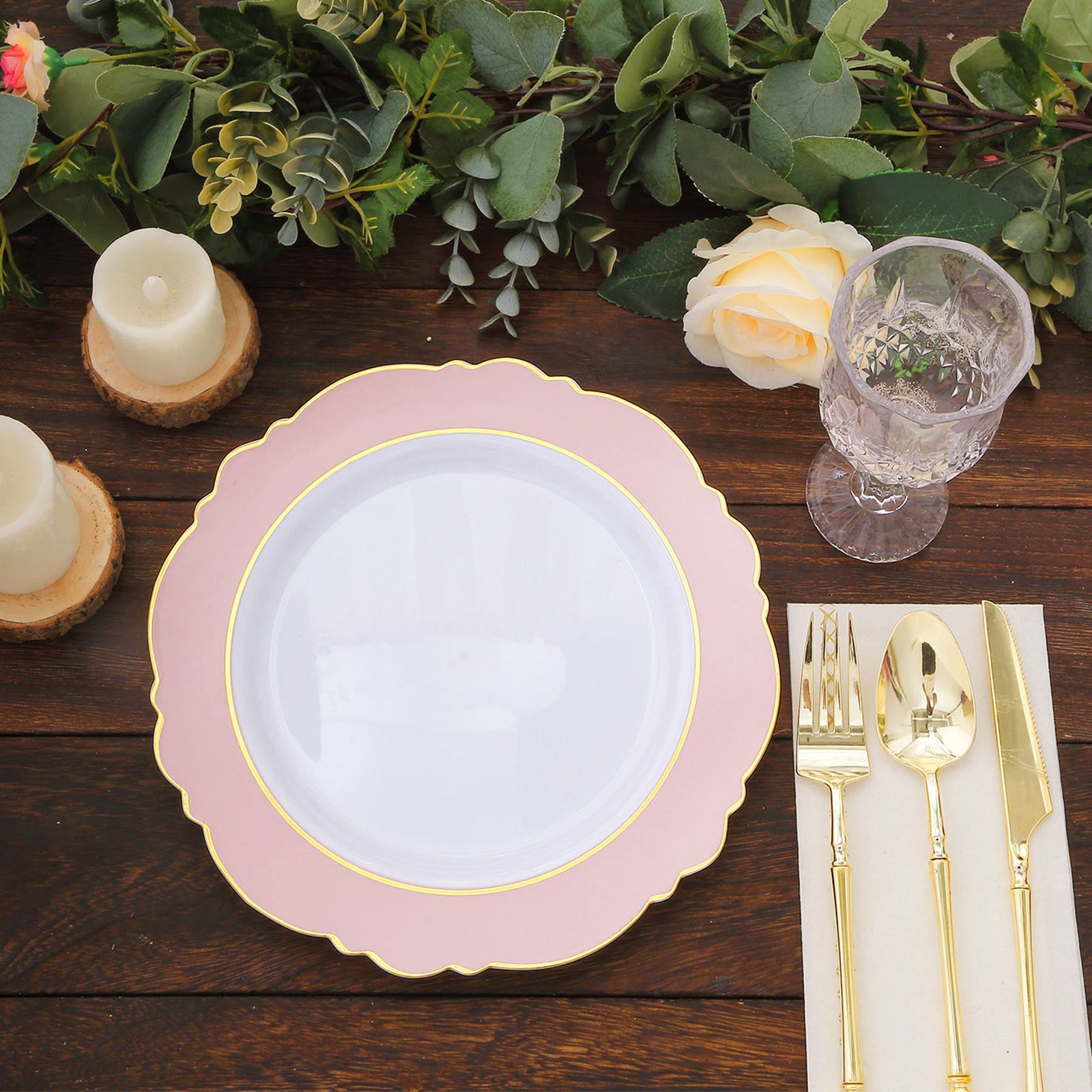 Blush white disposable dinner plate with gold rim and round blossom design.