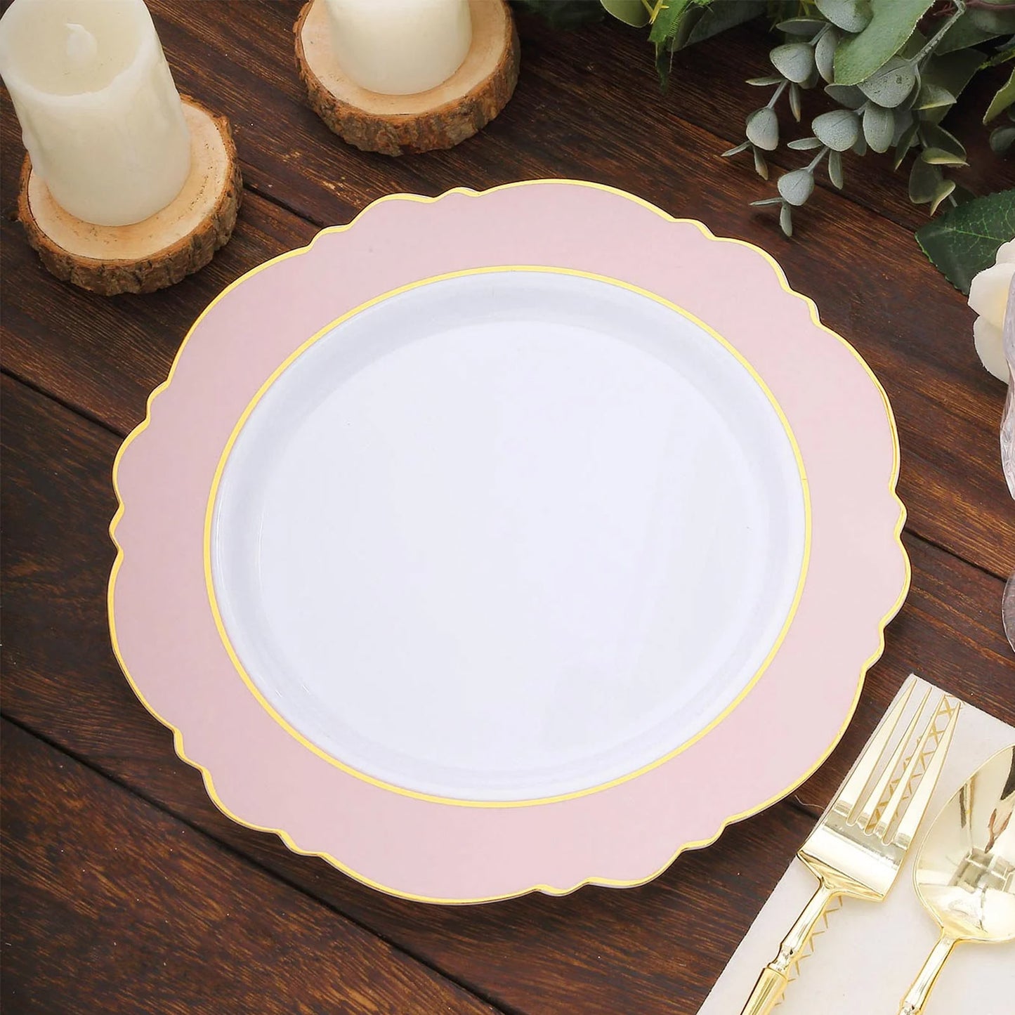 Blush white disposable dinner plate with gold rim and round blossom design.