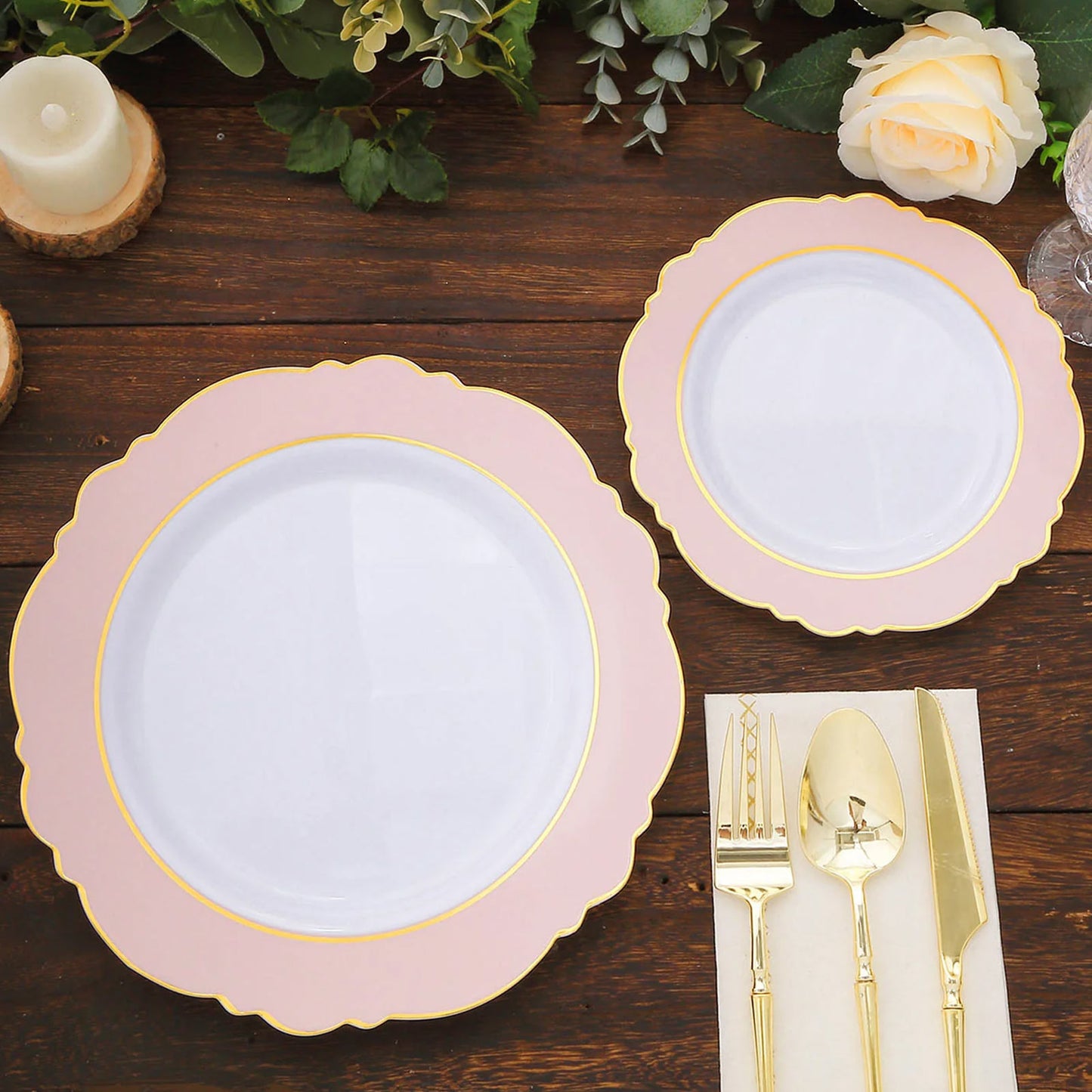 Blush white disposable dinner plates with gold rim and blossom design.