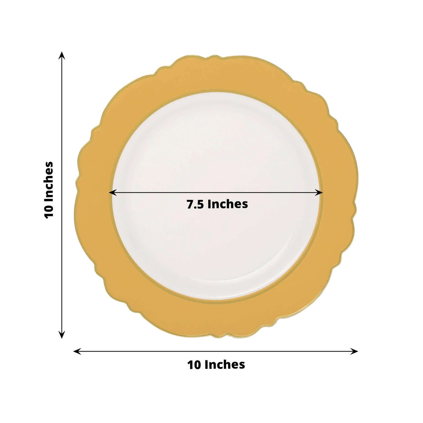 10" gold and white disposable dinner plate with round blossom design.