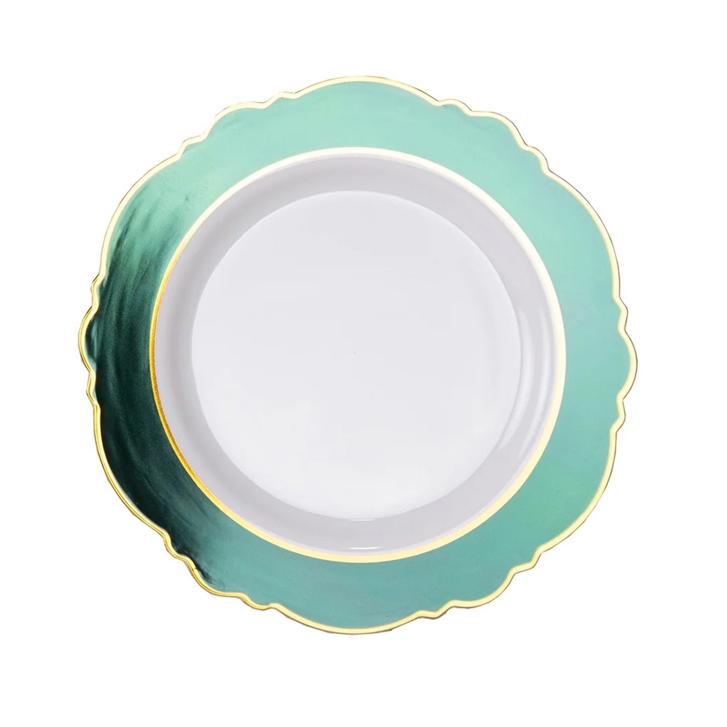 10 Pack | 10" Hunter Emerald Green / White Disposable Dinner Plates With Round Blossom Design, Plastic Party Plates With Gold Rim