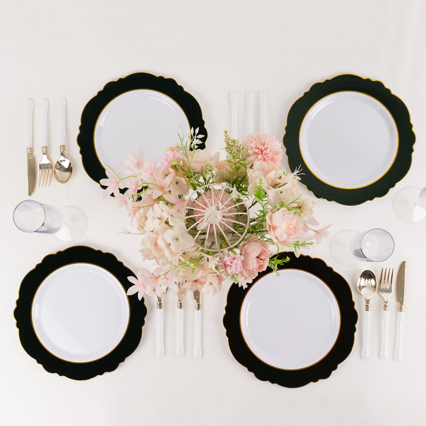 10 Pack | 10" Hunter Emerald Green / White Disposable Dinner Plates With Round Blossom Design, Plastic Party Plates With Gold Rim