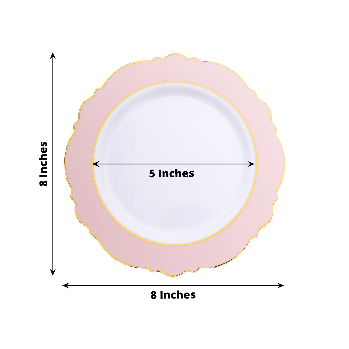 Blush white disposable salad plates with gold rim and round blossom design.
