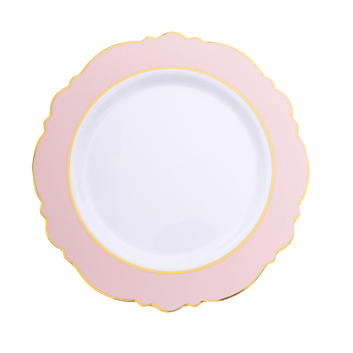 Blush white disposable salad plates with gold rim and round blossom design.