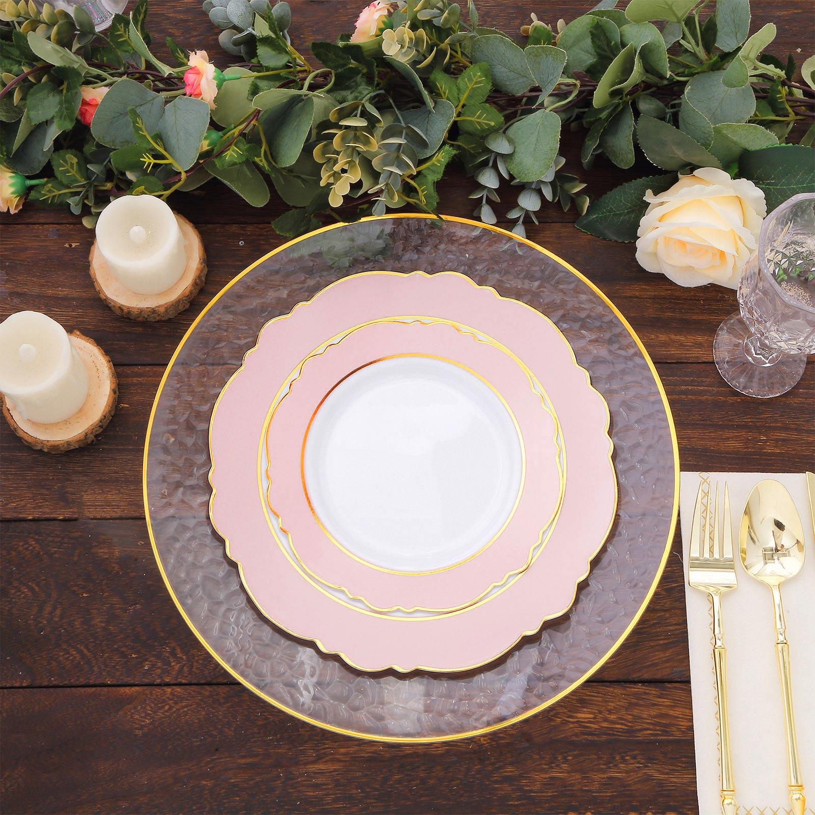 Blush white disposable salad plates with gold rim and round blossom design.