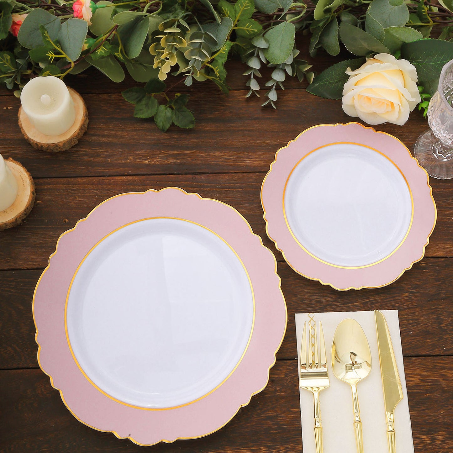 Blush white disposable salad plates with gold rim and round blossom design.