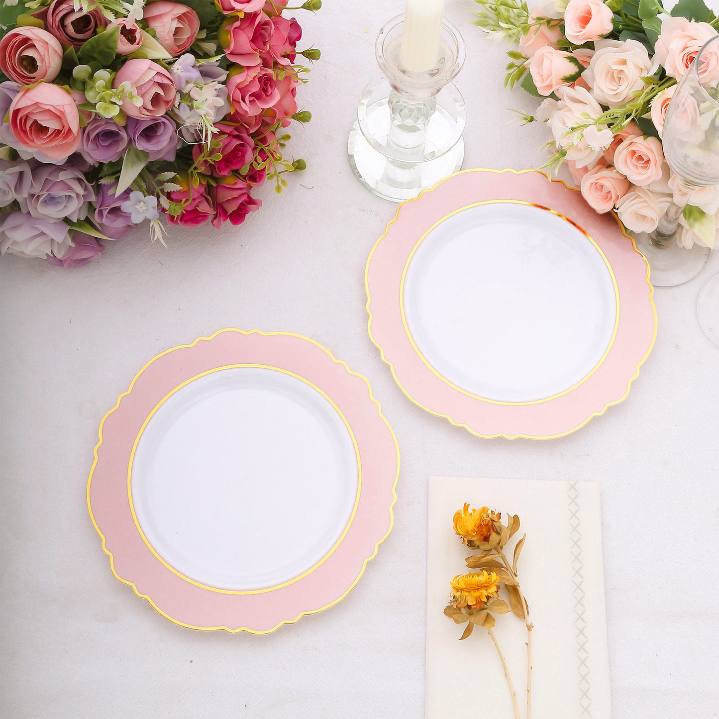 Blush white disposable salad plates with gold rim and blossom design.