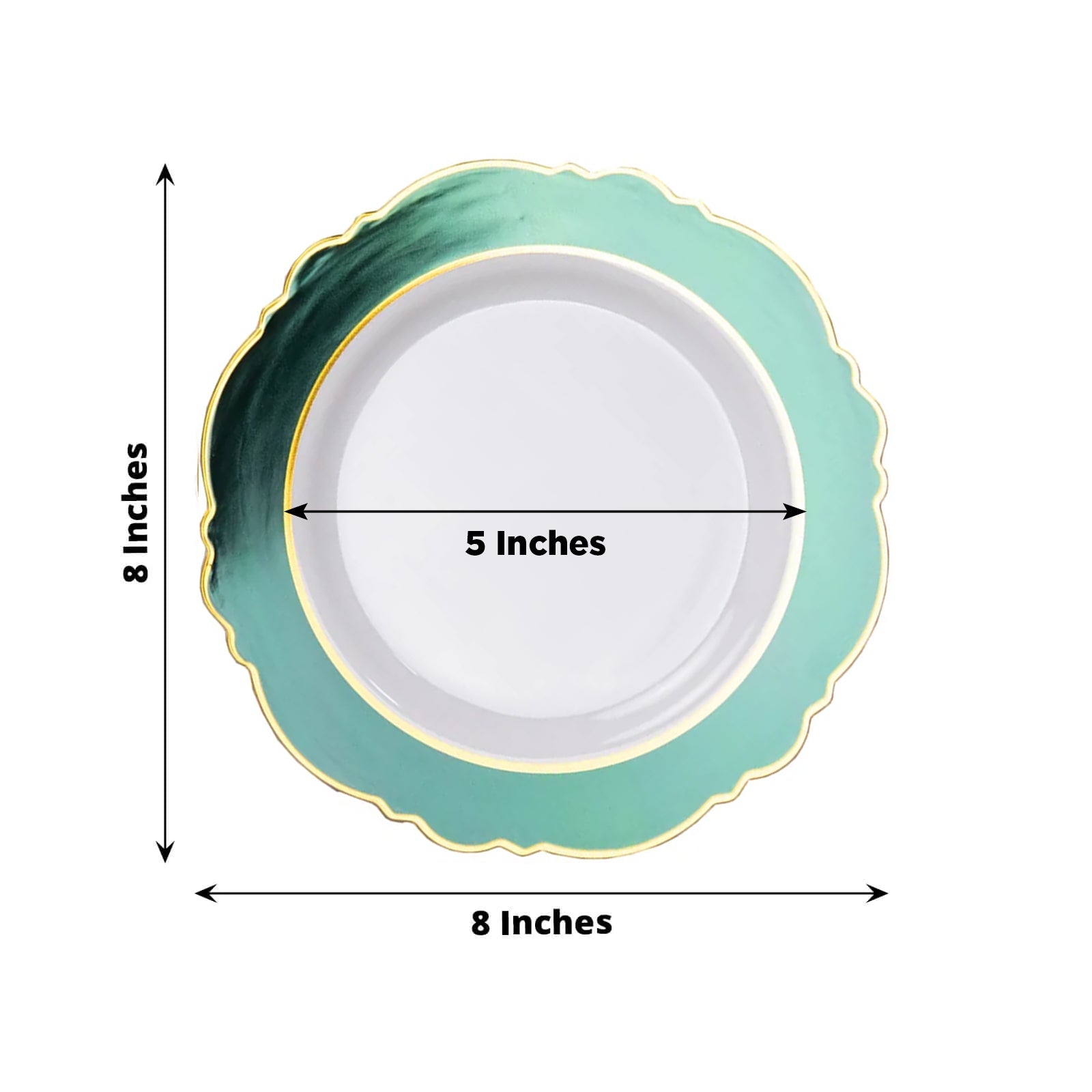 Emerald green and white disposable salad plates with gold rim.