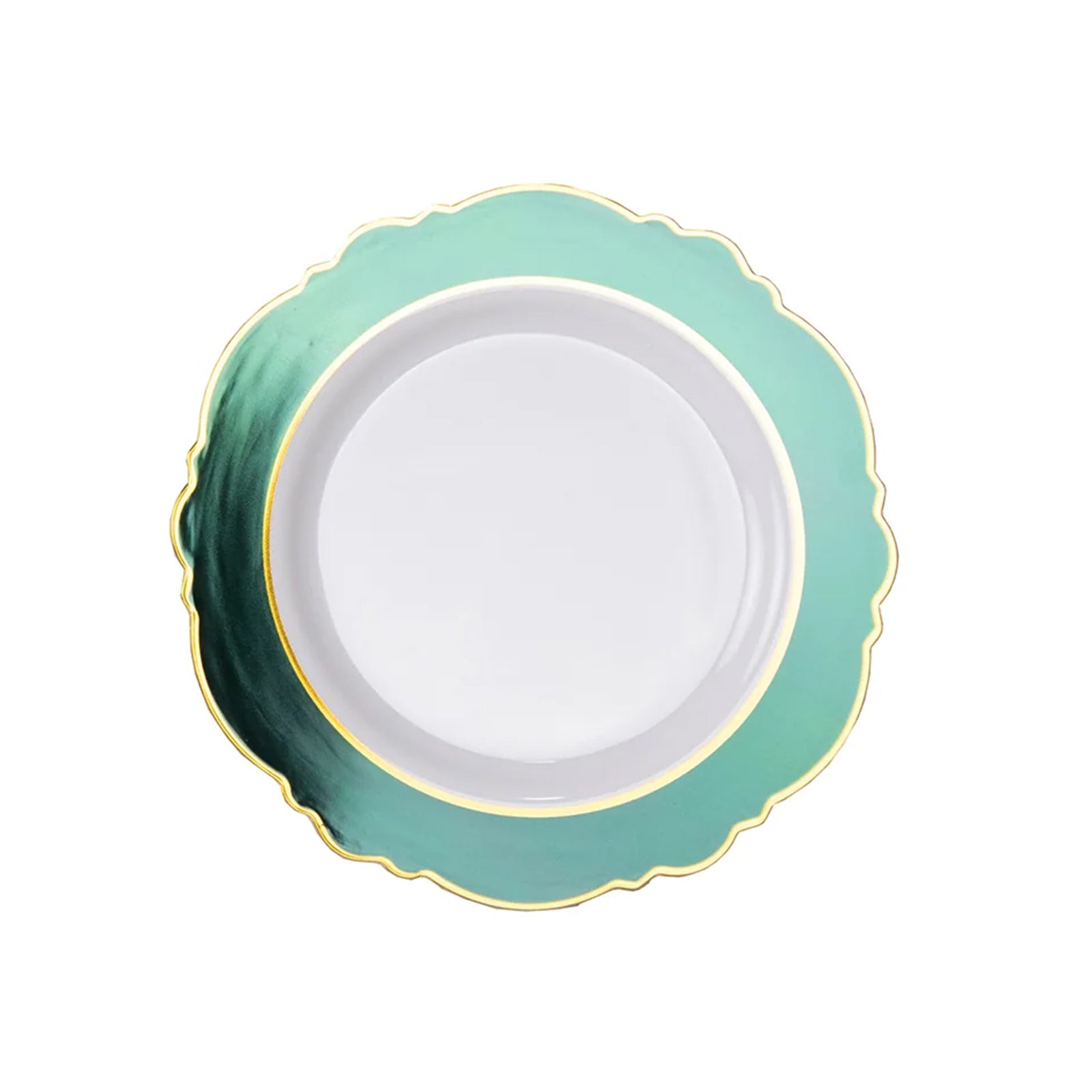 Emerald green and white disposable salad plates with gold rim.