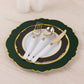 8" emerald green disposable salad plates with gold rim, featuring a round blossom design.