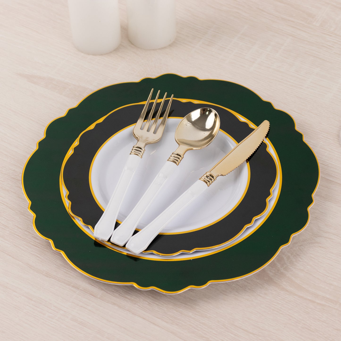 8" emerald green disposable salad plates with gold rim, featuring a round blossom design.