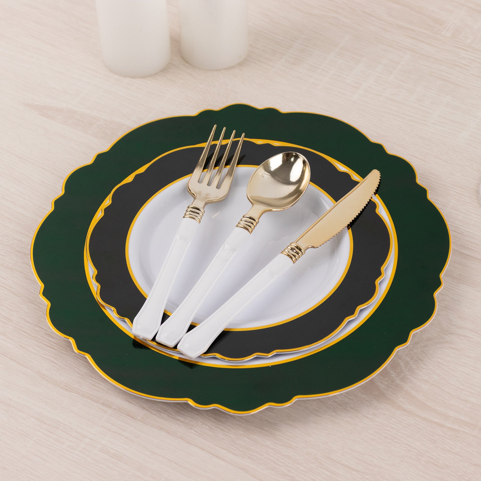 8" emerald green disposable salad plates with gold rim, featuring a round blossom design.