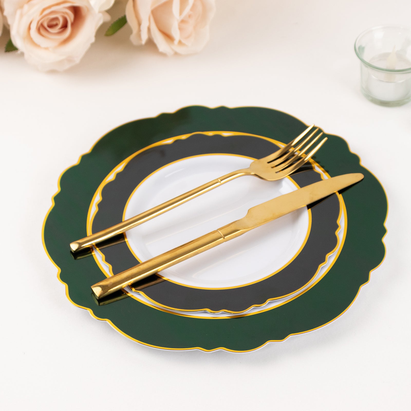 8" Hunter Emerald Green Disposable Salad Plates with Gold Rim and Round Blossom Design
