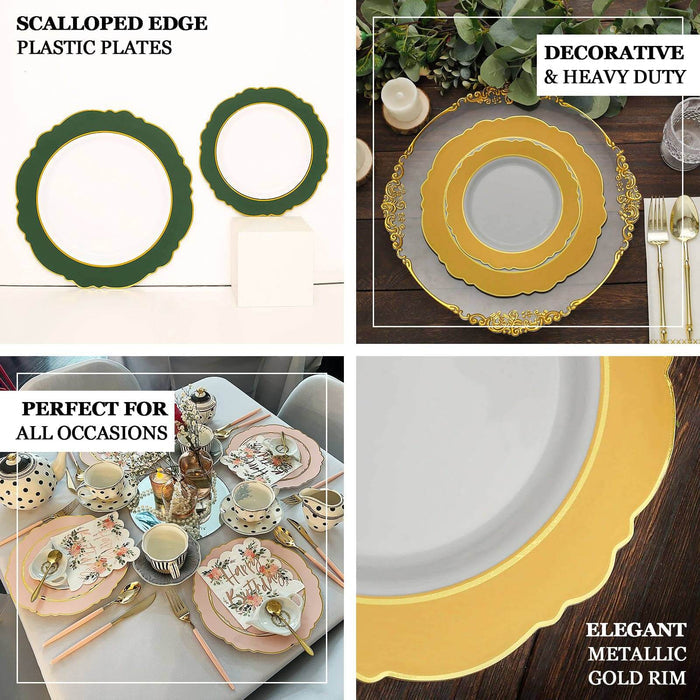 10 Pack | 10" Hunter Emerald Green / White Disposable Dinner Plates With Round Blossom Design, Plastic Party Plates With Gold Rim
