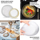 White plastic party plates with gold swirl rim, 9" round, disposable dinnerware.
