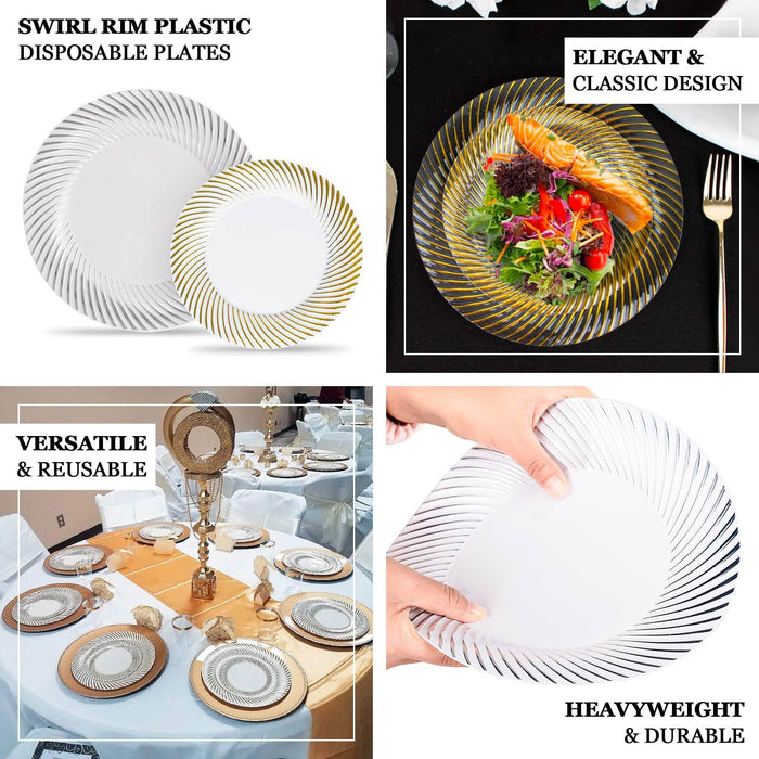 White plastic party plates with gold swirl rim, 9" round, disposable dinnerware.