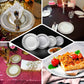 White plastic party plates with gold swirl rim, 9" round disposable dinner plates.