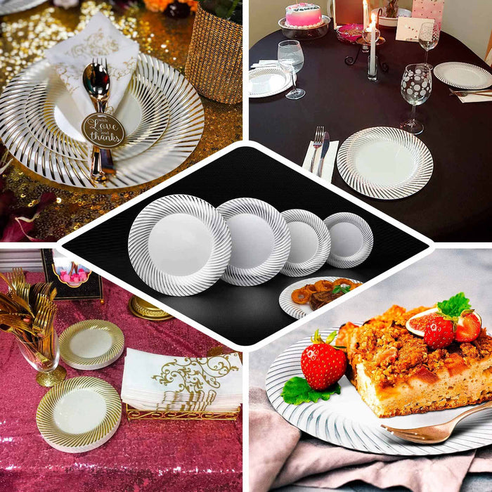 White plastic party plates with gold swirl rim, 9" round disposable dinner plates.